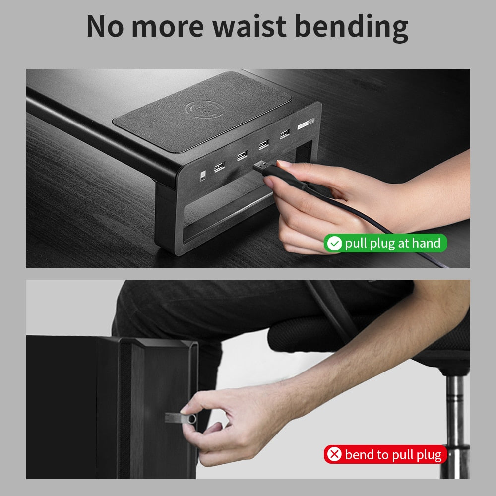 Soporte elevador de Monitor de aluminio con carga inalámbrica USB3.0, soporte para transferencia de datos y carga, escritorio de almacenamiento para teclado y ratón