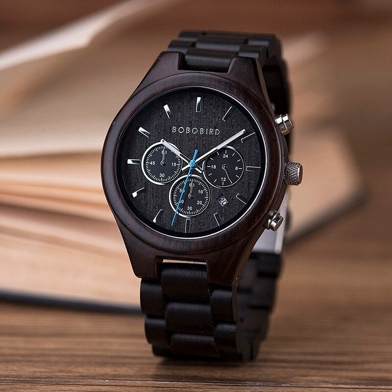 BOBO BIRD-relojes de madera para hombre, cronógrafo de ébano para hombre, reloj de pulsera con calendario, etiqueta privada personalizada en caja de regalo, envío directo