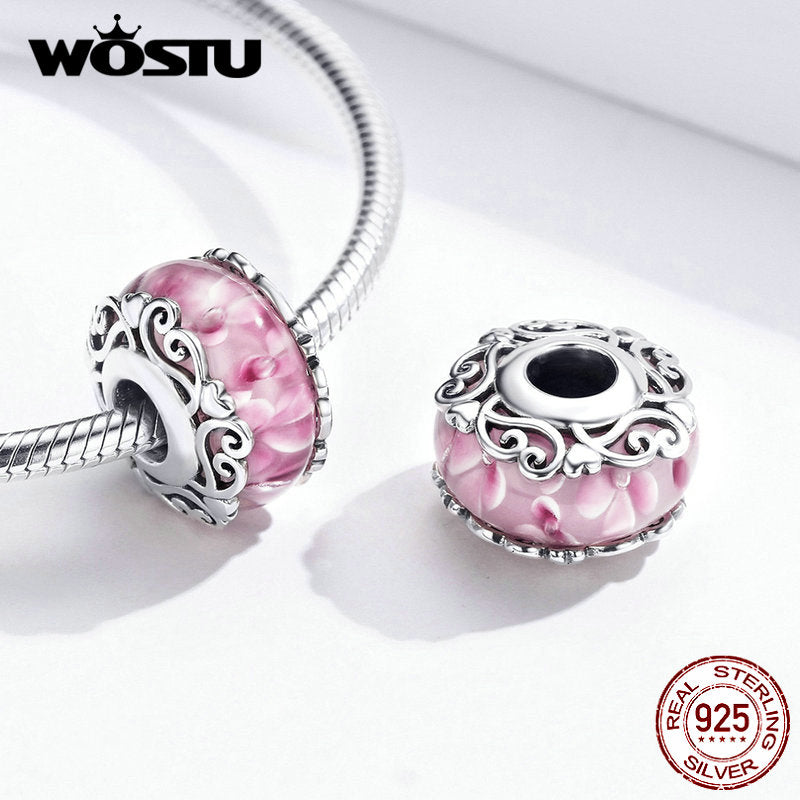 WOSTU Plata de Ley 925 auténtica cuentas de cristal rosa de Murano, dijes redondos aptos para Pulsera Original, colgante, fabricación de joyería de lujo