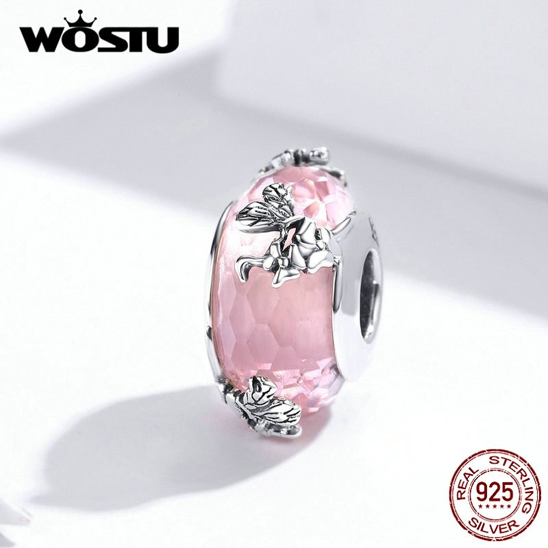 WOSTU Plata de Ley 925 auténtica cuentas de cristal rosa de Murano, dijes redondos aptos para Pulsera Original, colgante, fabricación de joyería de lujo