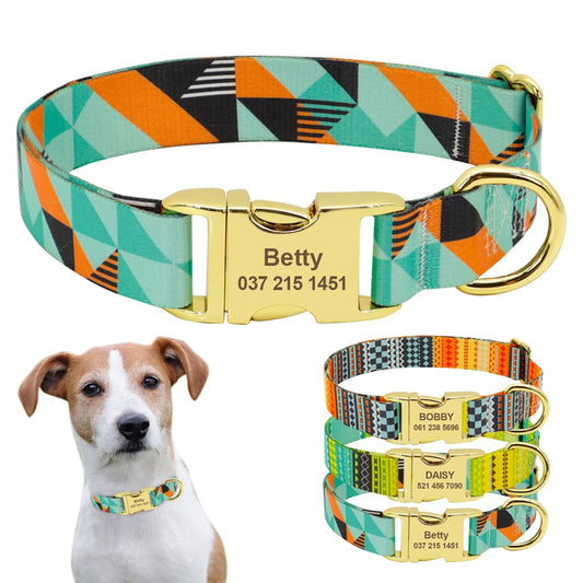 Collar de perro con estampado de Color, Collar de identificación personalizado de nailon para perros, collares para perros grabados personalizados con etiqueta, placa con nombre, suministros para mascotas