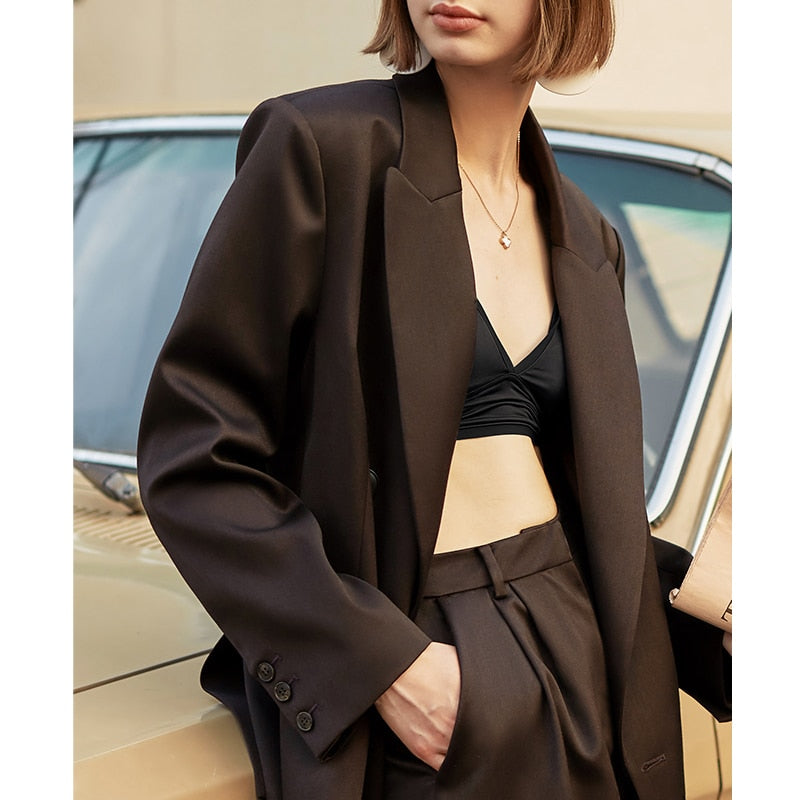 AEL Vintage otoño mujer pantalón traje marrón oscuro chaqueta suelta pantalones de pierna ancha conjuntos de oficina (los pantalones y la chaqueta se venden por separado)