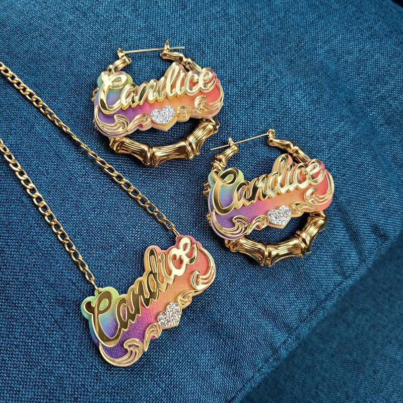 BeHoney moda personalidad Simple acrílico nombre personalizado pendientes de bambú dibujos animados arco iris nombre collar joyería regalo de Navidad C4