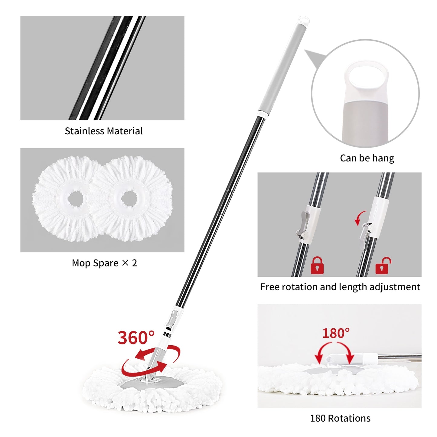 Yocada Trapeador de Piso Ajustable con Giro 360 con Cubo de Limpieza 2 Piezas Almohadillas de Microfibra Mango extendido para Herramientas de Limpieza de Madera Dura