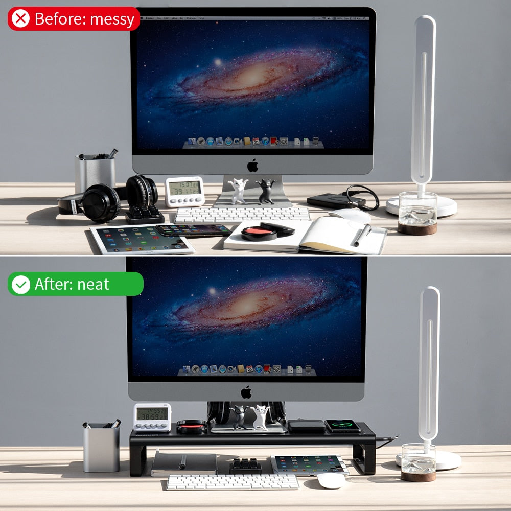Soporte elevador de Monitor de aluminio con carga inalámbrica USB3.0, soporte para transferencia de datos y carga, escritorio de almacenamiento para teclado y ratón