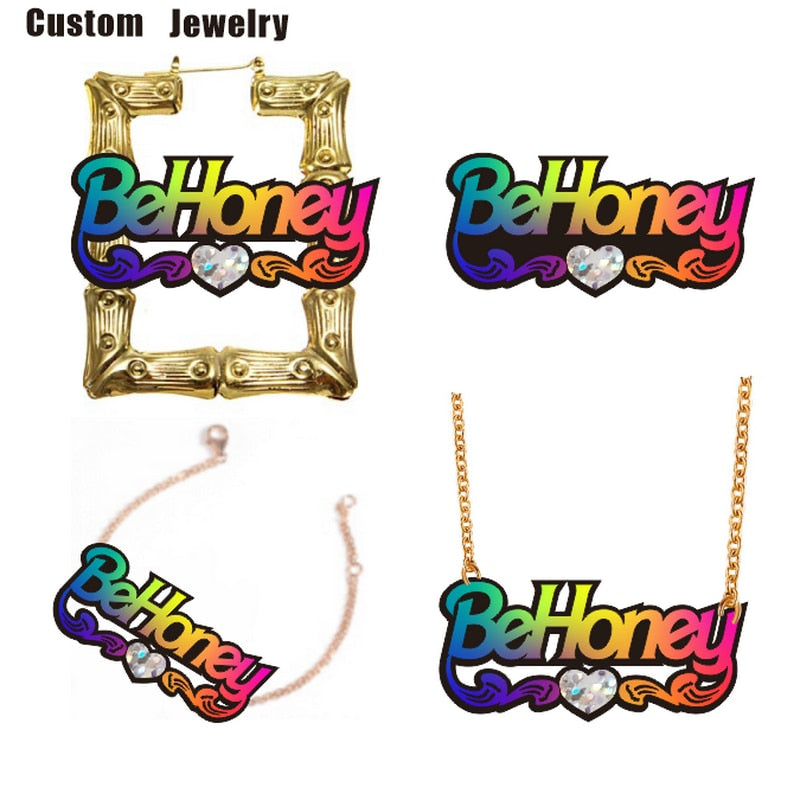 BeHoney moda personalidad Simple acrílico nombre personalizado pendientes de bambú dibujos animados arco iris nombre collar joyería regalo de Navidad C4