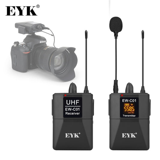 EYK EW-C01 Sistema de micrófono Lavalier inalámbrico UHF de 30 canales con micrófono de solapa de estilo portátil entrevista para videocámara SLR