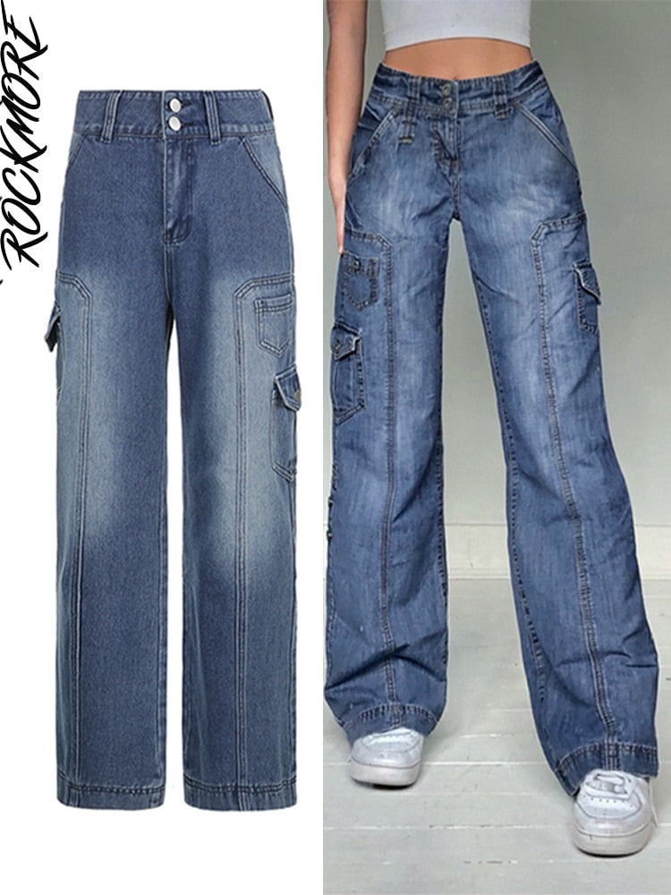 Rockmore-pantalones vaqueros holgados Vintage para mujer, ropa de calle de los años 90, pantalones Cargo de pierna ancha con bolsillos, pantalones vaqueros rectos de cintura baja 2021