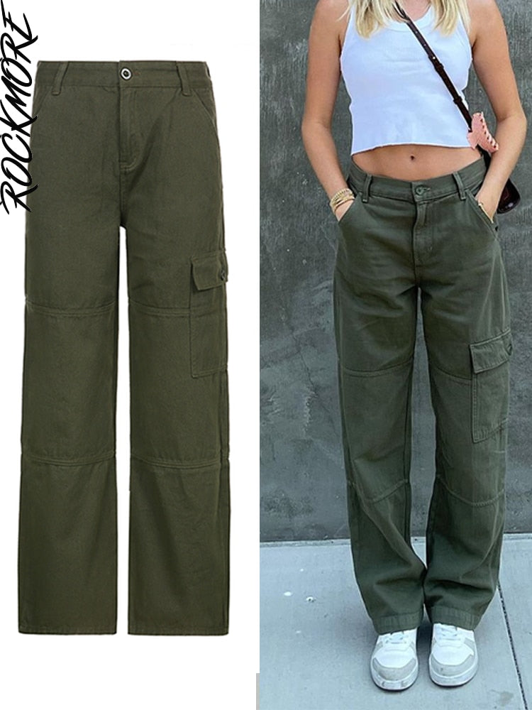 Rockmore-pantalones vaqueros holgados Vintage para mujer, ropa de calle de los años 90, pantalones Cargo de pierna ancha con bolsillos, pantalones vaqueros rectos de cintura baja 2021