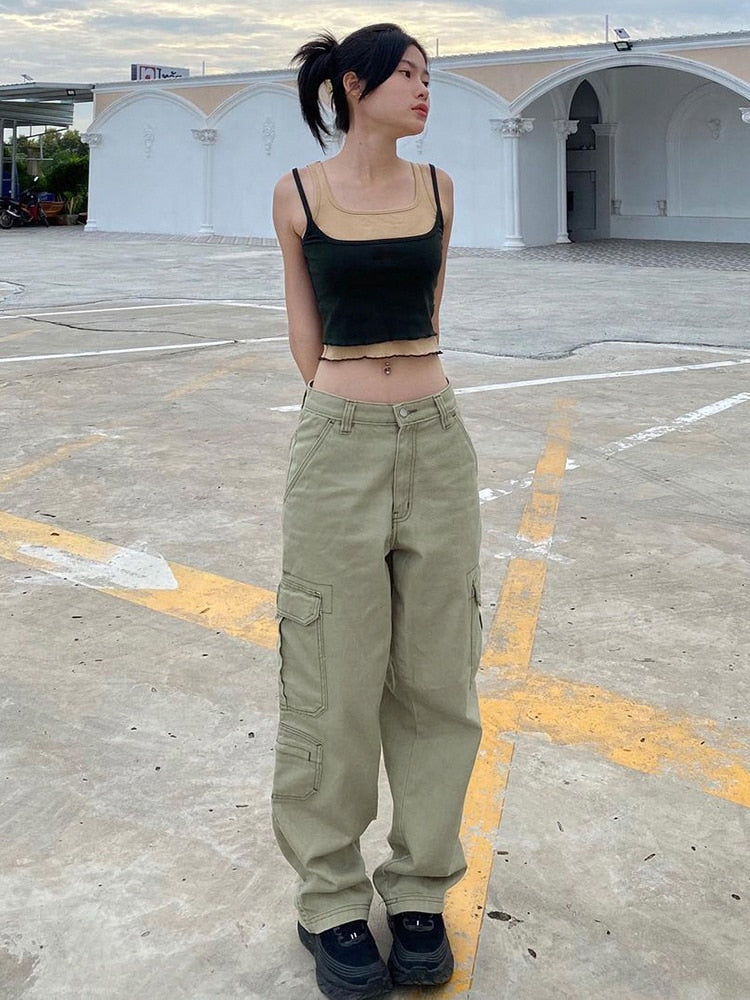 Rockmore-pantalones vaqueros holgados Vintage para mujer, ropa de calle de los años 90, pantalones Cargo de pierna ancha con bolsillos, pantalones vaqueros rectos de cintura baja 2021