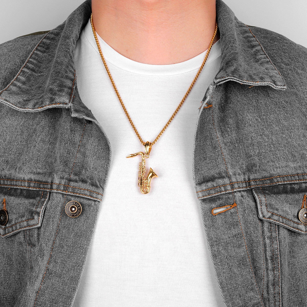 Gold Saxophone Long Men Necklaces Pendant Chain Punk Cool for Boyfriend Male Stainless Steel Jewelry Creativity Gift Wholesale