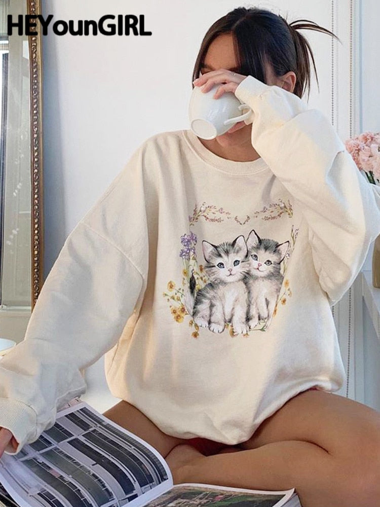 HEYounGIRL Cat Print Cute White Oversized Sweatshirt Autumn Cute Long Sleeve Sweat Shirt Casual Loose Pullover Ladies Streetwear