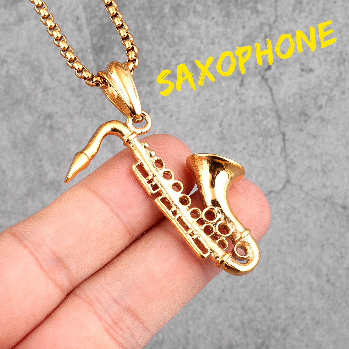 Gold Saxophone Long Men Necklaces Pendant Chain Punk Cool for Boyfriend Male Stainless Steel Jewelry Creativity Gift Wholesale