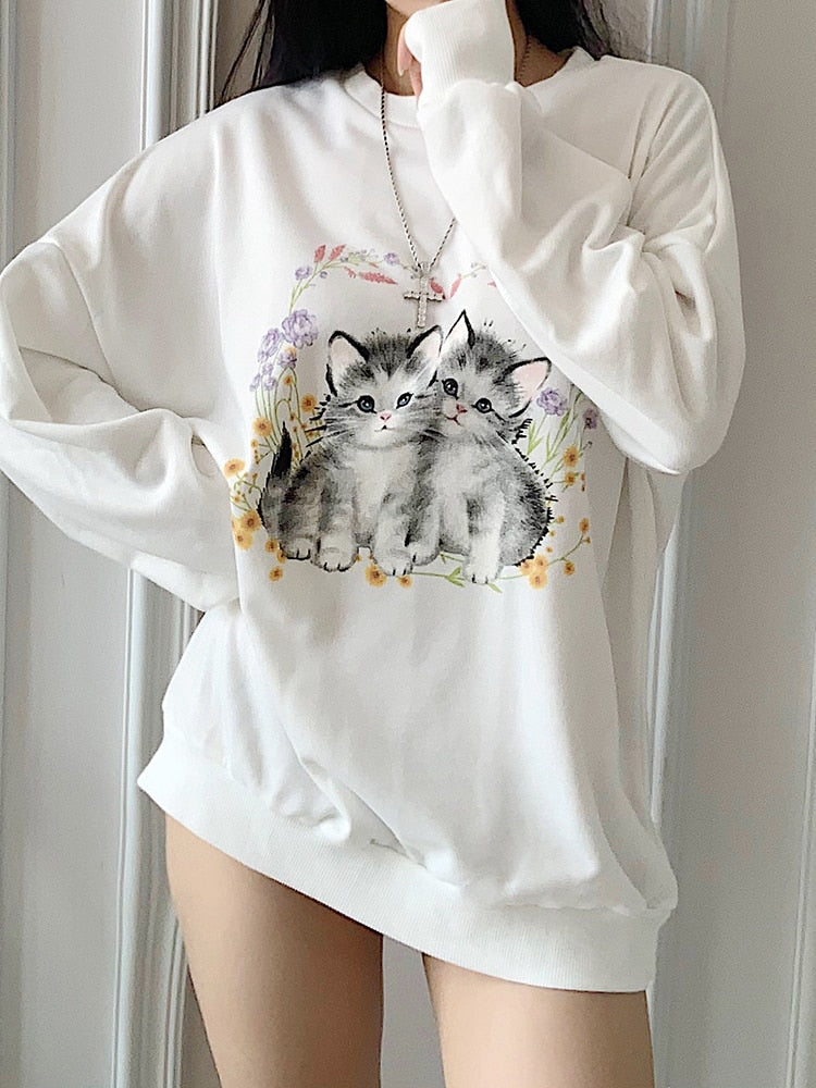 HEYounGIRL Cat Print Cute White Oversized Sweatshirt Autumn Cute Long Sleeve Sweat Shirt Casual Loose Pullover Ladies Streetwear