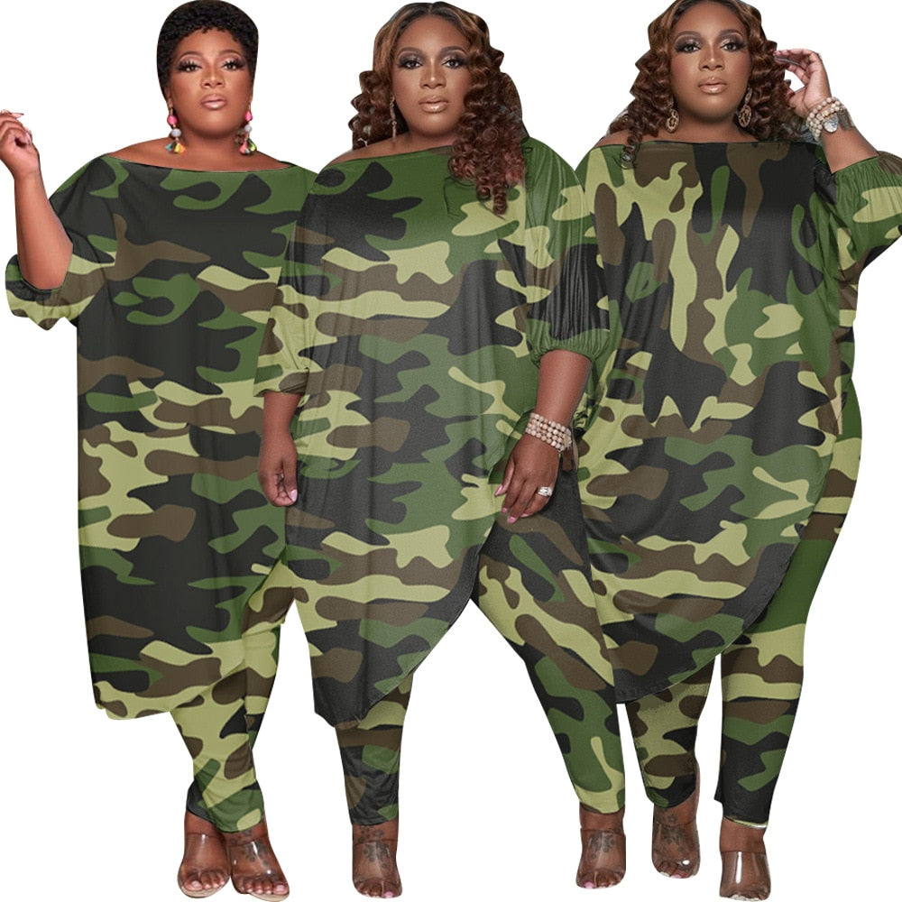 Chándal de talla grande para mujer, ropa de moda de estilo otoñal, largo, holgado, de camuflaje, hombro oblicuo, venta al por mayor, envío directo