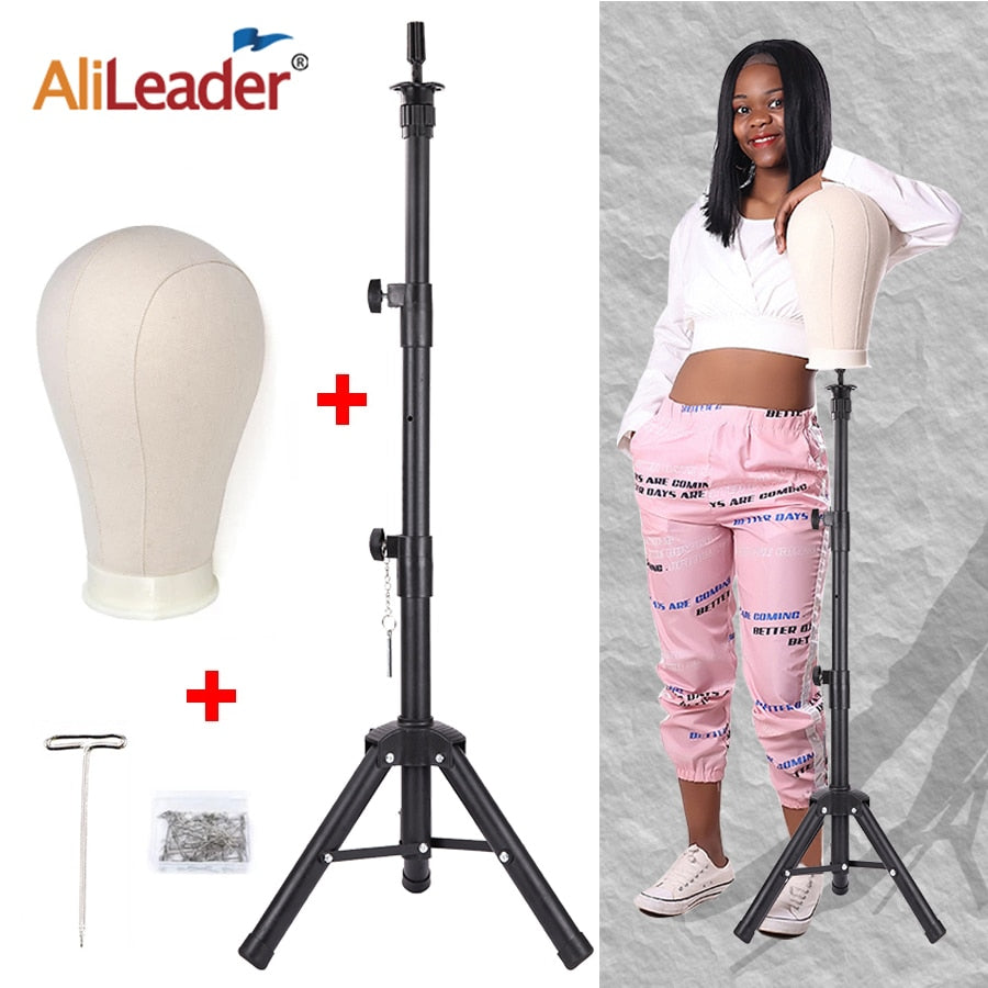 Alileader nuevo 140Cm/64Cm soporte para pelucas trípode para peluca con maniquí cabeza de bloque de lienzo trípode ajustable soporte para hacer peluca kit TPins regalo