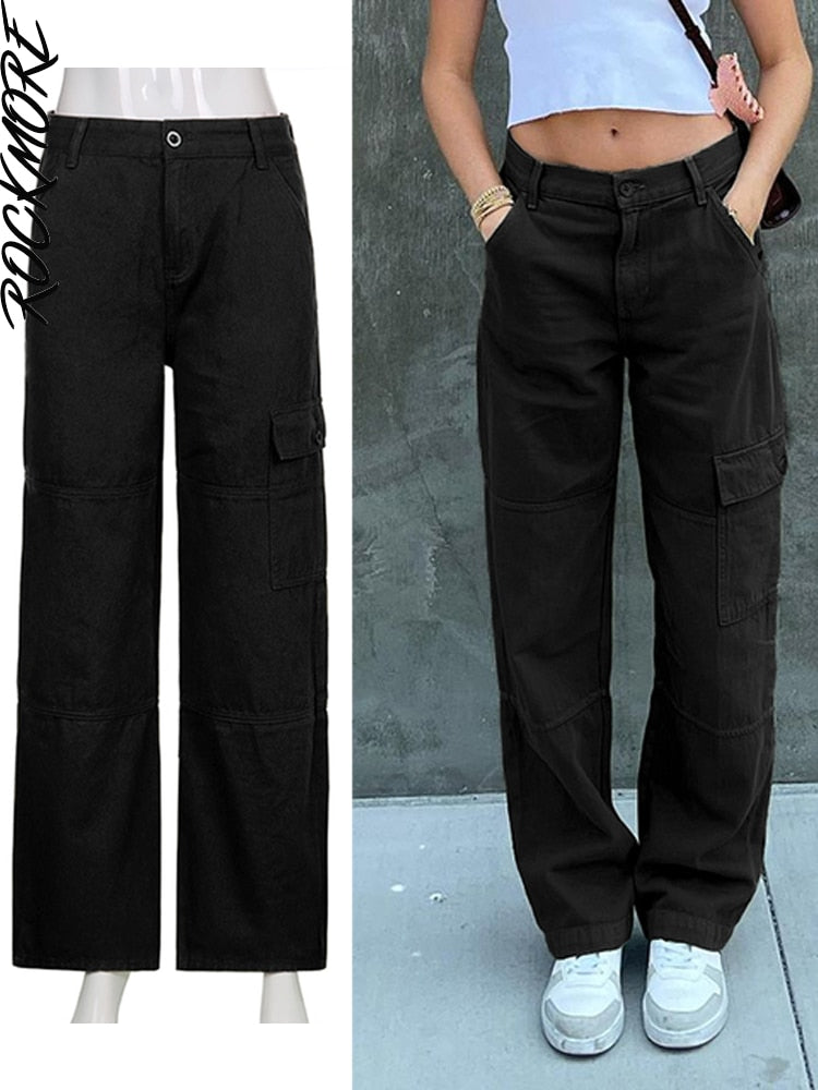 Rockmore-pantalones vaqueros holgados Vintage para mujer, ropa de calle de los años 90, pantalones Cargo de pierna ancha con bolsillos, pantalones vaqueros rectos de cintura baja 2021