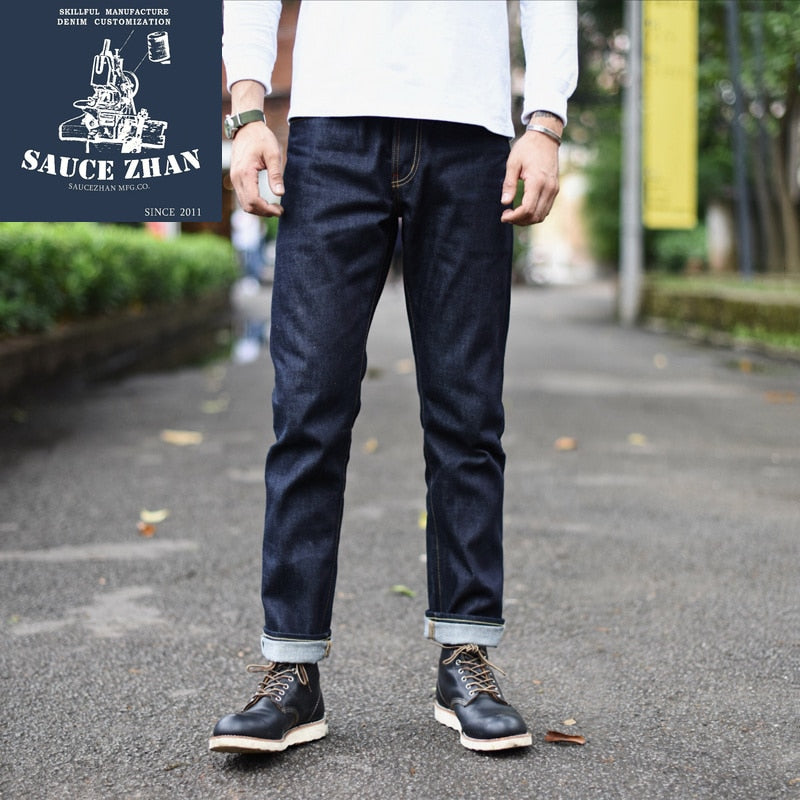SauceZhan 310XX-HS Jeans para hombre Selvedge Sanforized Denim Jeans Jeans Raw Denim Indigo Slim Fit 14.5 Oz