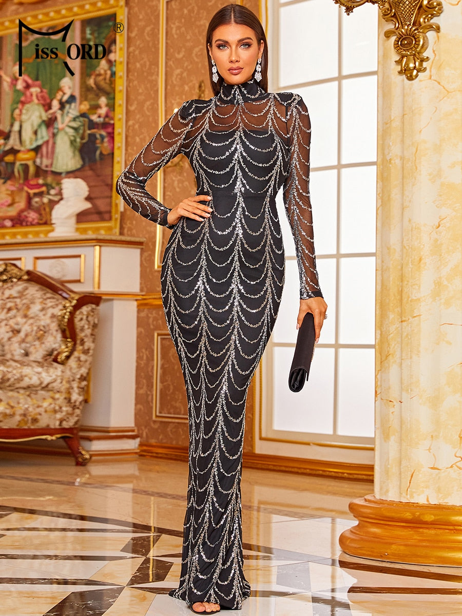 Missord-vestidos de noche largos transparentes con lentejuelas para mujer, vestidos elegantes ondulados de cuello alto para otoño e invierno, vestido de fiesta de manga larga 2021