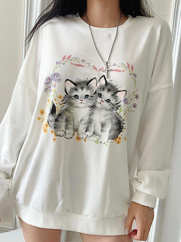 HEYounGIRL Cat Print Cute White Oversized Sweatshirt Autumn Cute Long Sleeve Sweat Shirt Casual Loose Pullover Ladies Streetwear