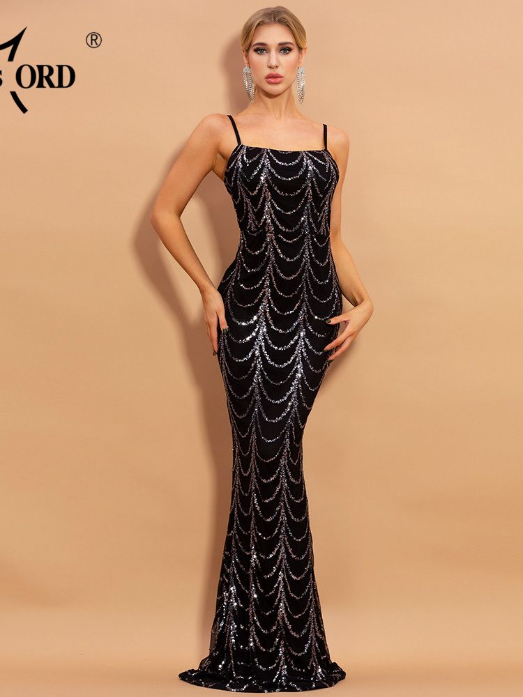 Missord-vestidos de noche largos transparentes con lentejuelas para mujer, vestidos elegantes ondulados de cuello alto para otoño e invierno, vestido de fiesta de manga larga 2021