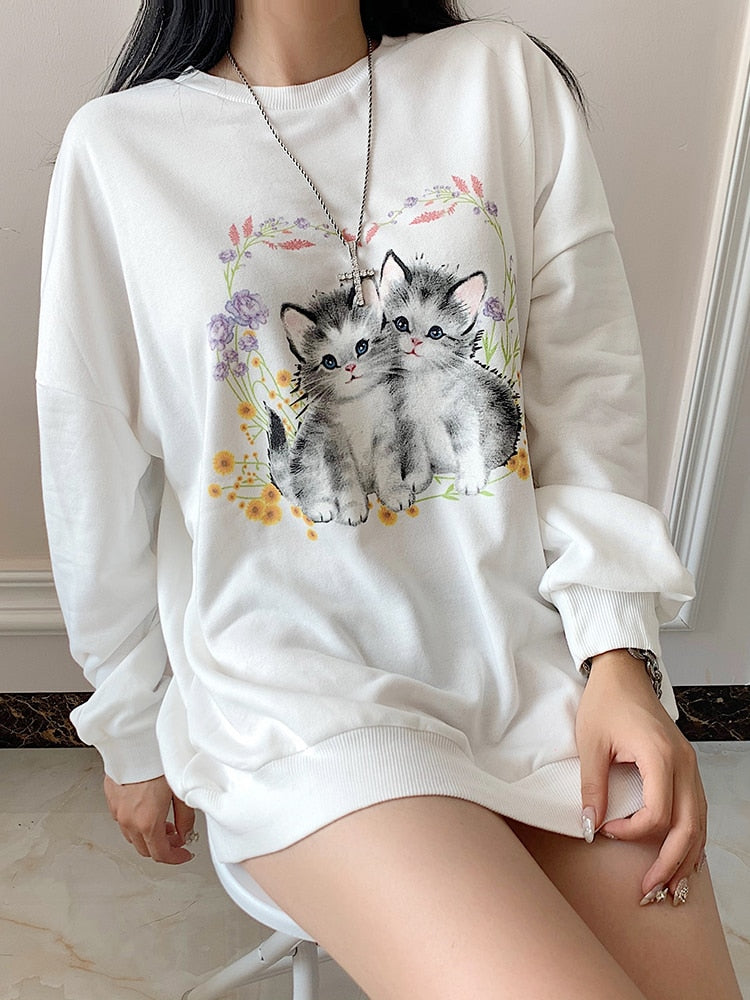 HEYounGIRL Cat Print Cute White Oversized Sweatshirt Autumn Cute Long Sleeve Sweat Shirt Casual Loose Pullover Ladies Streetwear