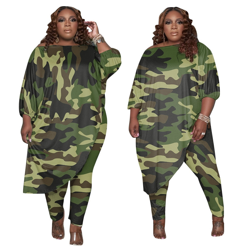Chándal de talla grande para mujer, ropa de moda de estilo otoñal, largo, holgado, de camuflaje, hombro oblicuo, venta al por mayor, envío directo