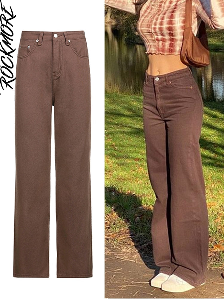 Rockmore-pantalones vaqueros holgados Vintage para mujer, ropa de calle de los años 90, pantalones Cargo de pierna ancha con bolsillos, pantalones vaqueros rectos de cintura baja 2021