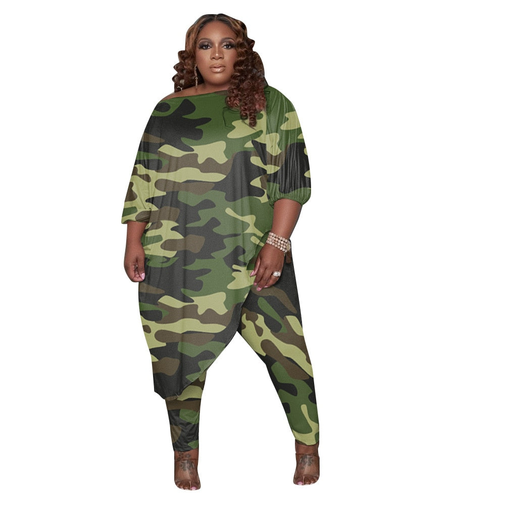 Chándal de talla grande para mujer, ropa de moda de estilo otoñal, largo, holgado, de camuflaje, hombro oblicuo, venta al por mayor, envío directo