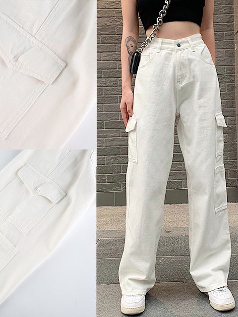 Rockmore-pantalones vaqueros holgados Vintage para mujer, ropa de calle de los años 90, pantalones Cargo de pierna ancha con bolsillos, pantalones vaqueros rectos de cintura baja 2021