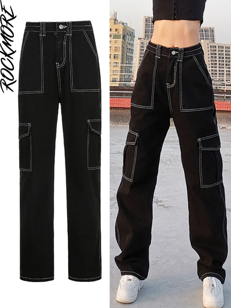 Rockmore-pantalones vaqueros holgados Vintage para mujer, ropa de calle de los años 90, pantalones Cargo de pierna ancha con bolsillos, pantalones vaqueros rectos de cintura baja 2021