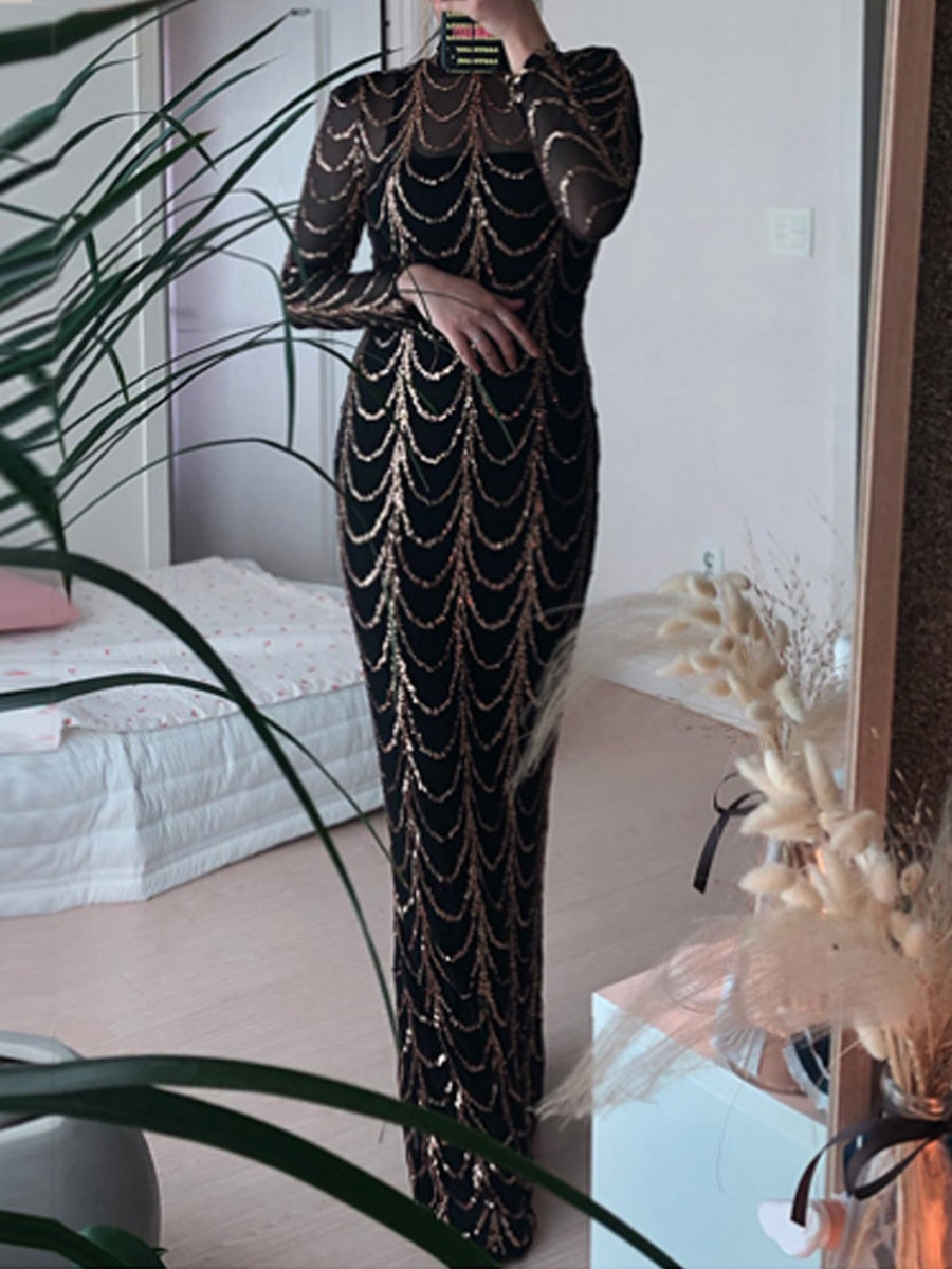 Missord-vestidos de noche largos transparentes con lentejuelas para mujer, vestidos elegantes ondulados de cuello alto para otoño e invierno, vestido de fiesta de manga larga 2021