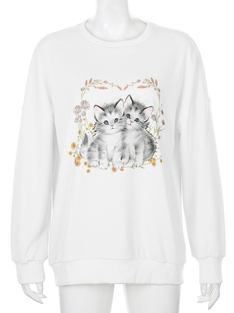 HEYounGIRL Cat Print Cute White Oversized Sweatshirt Autumn Cute Long Sleeve Sweat Shirt Casual Loose Pullover Ladies Streetwear
