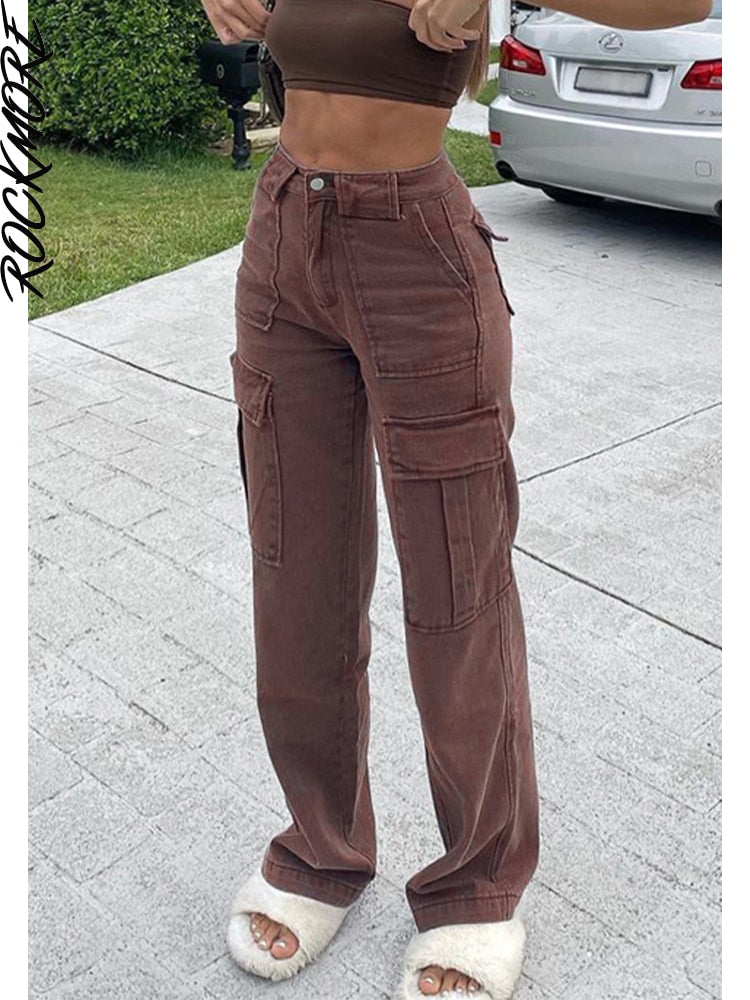 Rockmore-pantalones vaqueros holgados Vintage para mujer, ropa de calle de los años 90, pantalones Cargo de pierna ancha con bolsillos, pantalones vaqueros rectos de cintura baja 2021