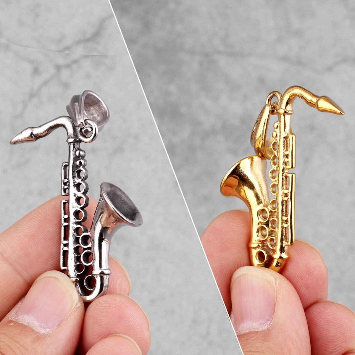 Gold Saxophone Long Men Necklaces Pendant Chain Punk Cool for Boyfriend Male Stainless Steel Jewelry Creativity Gift Wholesale