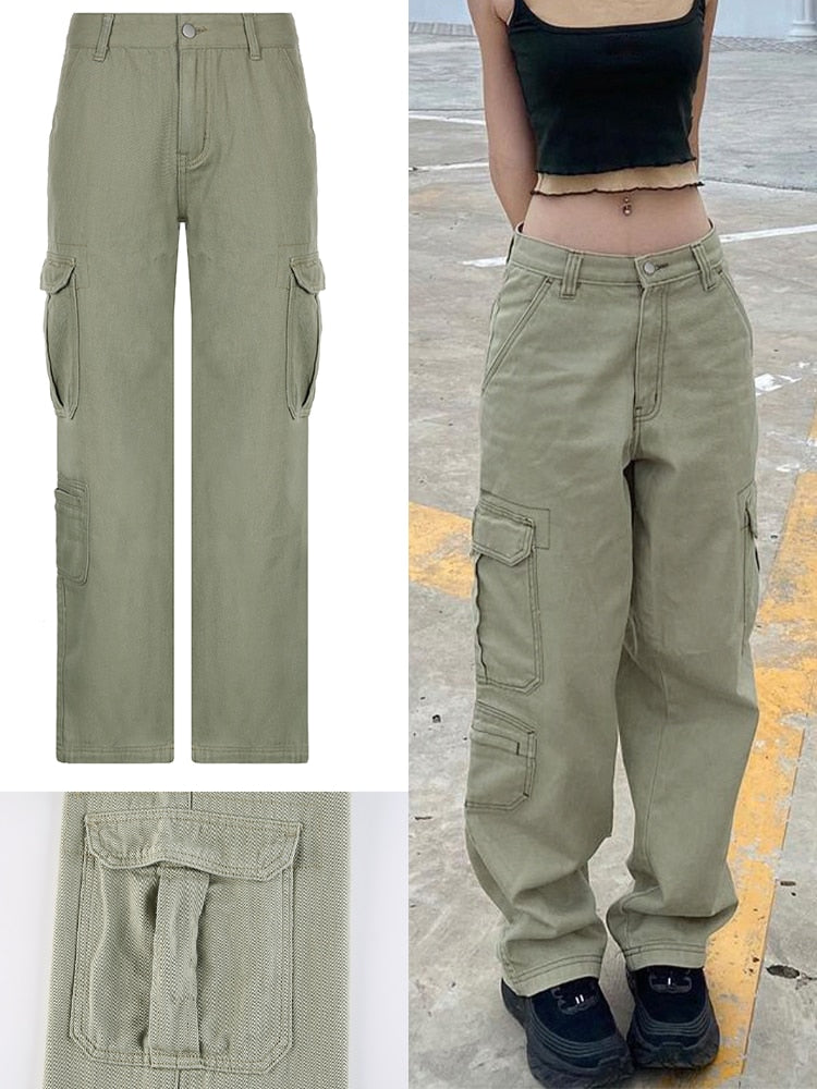 Rockmore-pantalones vaqueros holgados Vintage para mujer, ropa de calle de los años 90, pantalones Cargo de pierna ancha con bolsillos, pantalones vaqueros rectos de cintura baja 2021