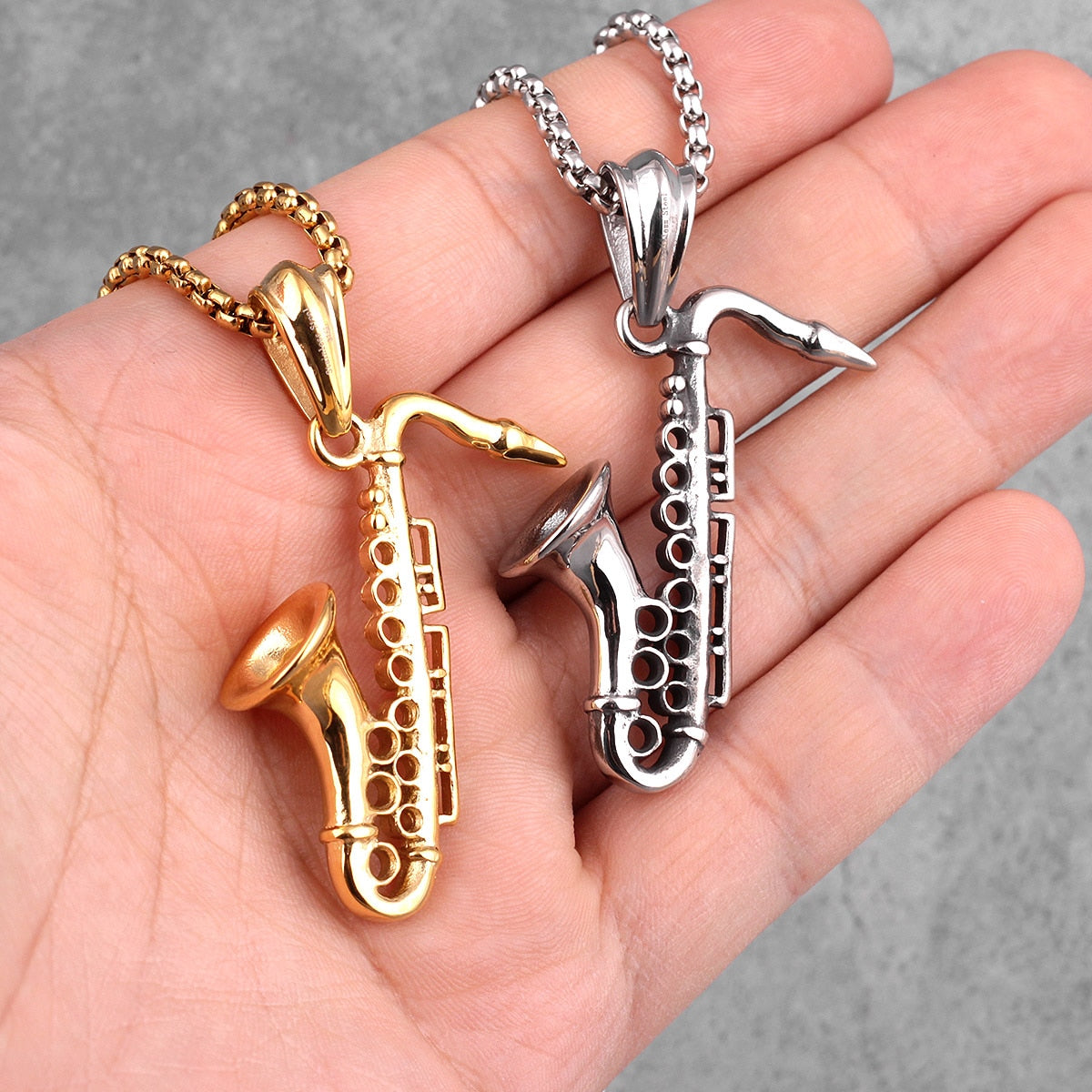 Gold Saxophone Long Men Necklaces Pendant Chain Punk Cool for Boyfriend Male Stainless Steel Jewelry Creativity Gift Wholesale