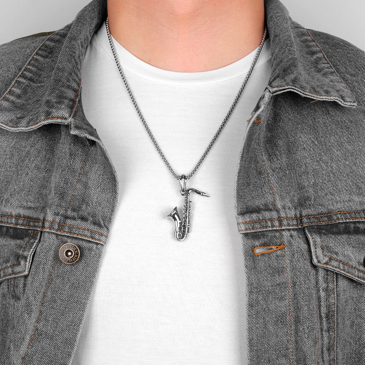 Gold Saxophone Long Men Necklaces Pendant Chain Punk Cool for Boyfriend Male Stainless Steel Jewelry Creativity Gift Wholesale