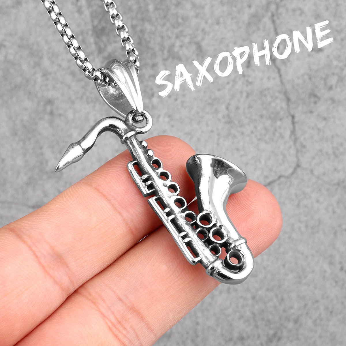 Gold Saxophone Long Men Necklaces Pendant Chain Punk Cool for Boyfriend Male Stainless Steel Jewelry Creativity Gift Wholesale