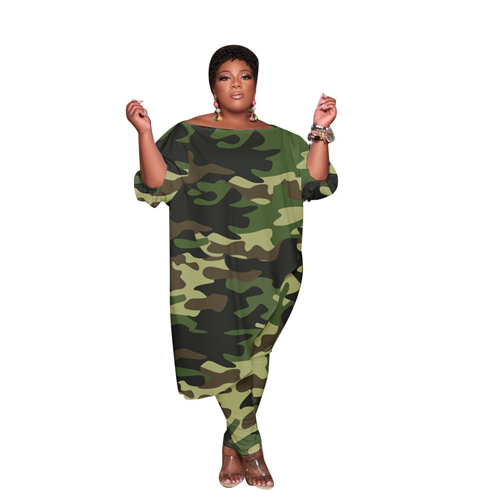 Chándal de talla grande para mujer, ropa de moda de estilo otoñal, largo, holgado, de camuflaje, hombro oblicuo, venta al por mayor, envío directo