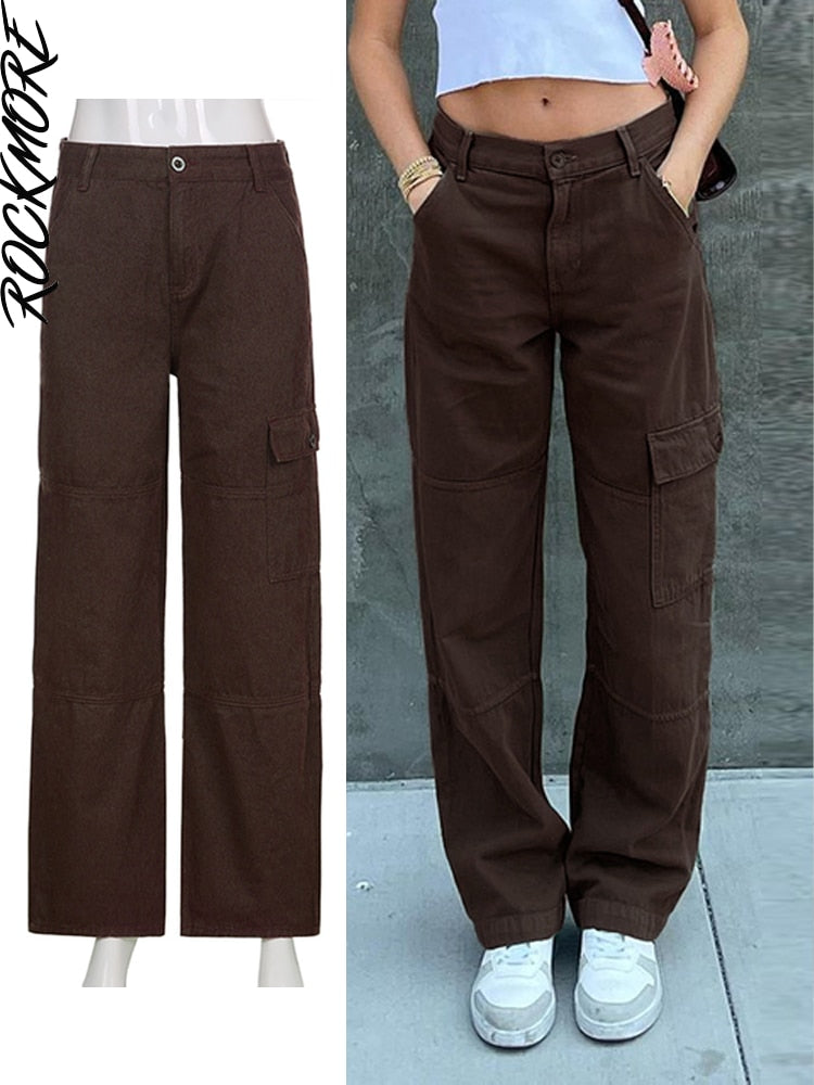 Rockmore-pantalones vaqueros holgados Vintage para mujer, ropa de calle de los años 90, pantalones Cargo de pierna ancha con bolsillos, pantalones vaqueros rectos de cintura baja 2021