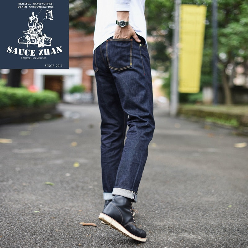 SauceZhan 310XX-HS Jeans para hombre Selvedge Sanforized Denim Jeans Jeans Raw Denim Indigo Slim Fit 14.5 Oz