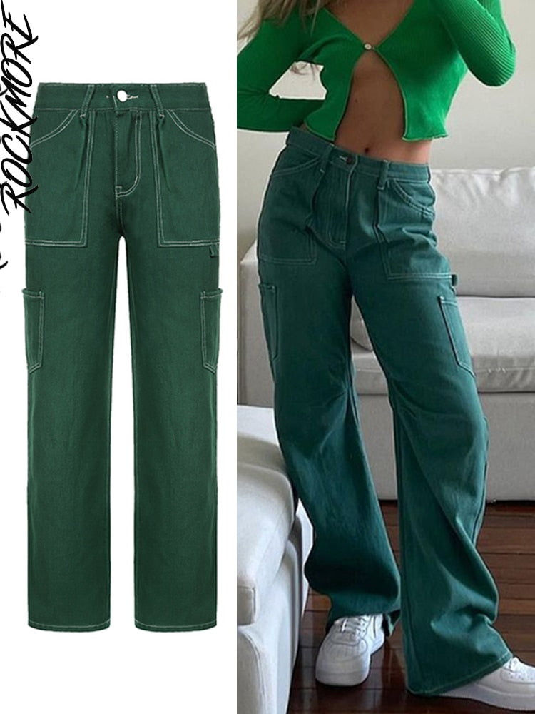Rockmore-pantalones vaqueros holgados Vintage para mujer, ropa de calle de los años 90, pantalones Cargo de pierna ancha con bolsillos, pantalones vaqueros rectos de cintura baja 2021