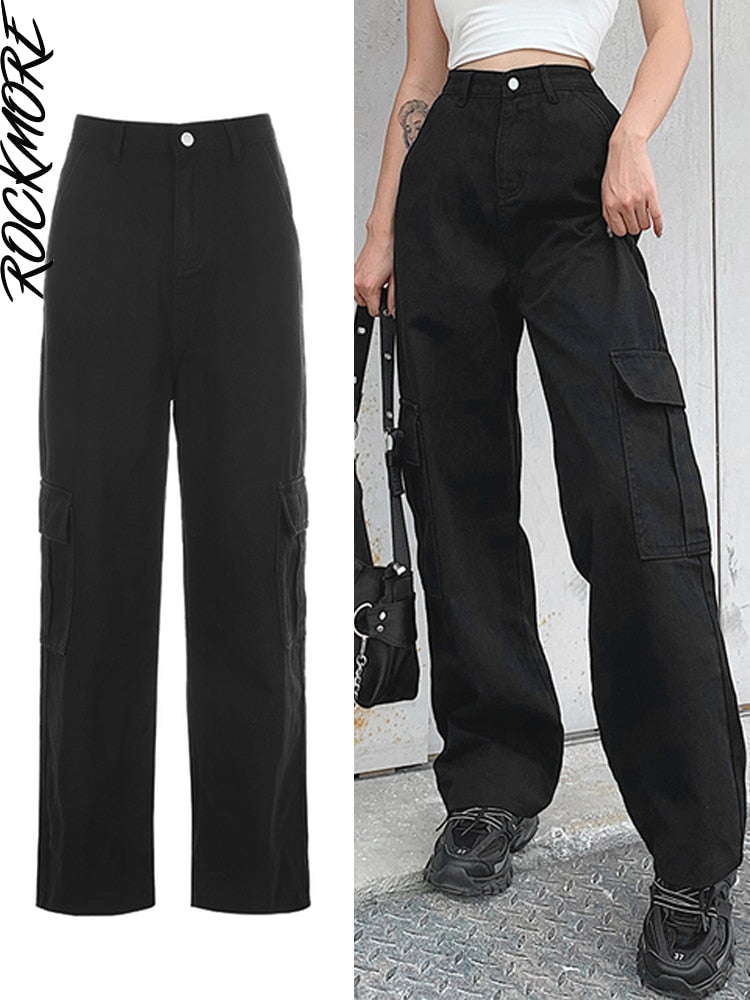 Rockmore-pantalones vaqueros holgados Vintage para mujer, ropa de calle de los años 90, pantalones Cargo de pierna ancha con bolsillos, pantalones vaqueros rectos de cintura baja 2021