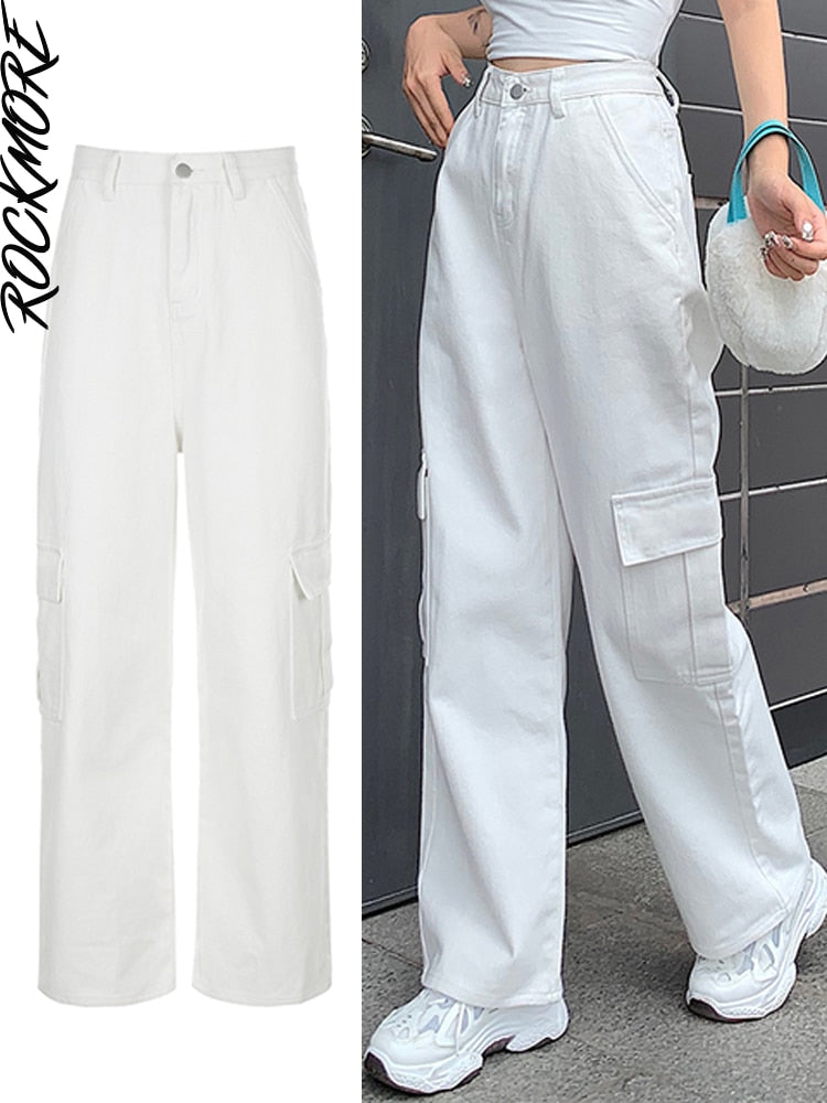 Rockmore-pantalones vaqueros holgados Vintage para mujer, ropa de calle de los años 90, pantalones Cargo de pierna ancha con bolsillos, pantalones vaqueros rectos de cintura baja 2021