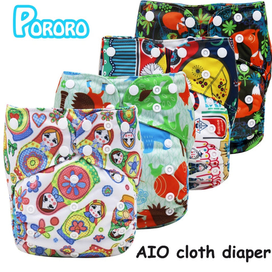 Pañales reutilizables AIO con impresión digital PORORO con 2 refuerzos de bambú, pañal de tela transpirable todo en uno de bambú