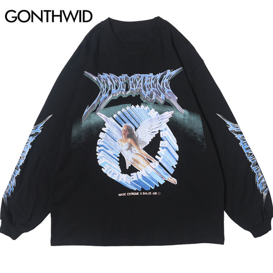 GONTHWID, camisetas creativas de manga larga con estampado de Ángel en 3D, ropa de calle Hip Hop Hipster, camisetas holgadas informales, camisetas de moda para hombres