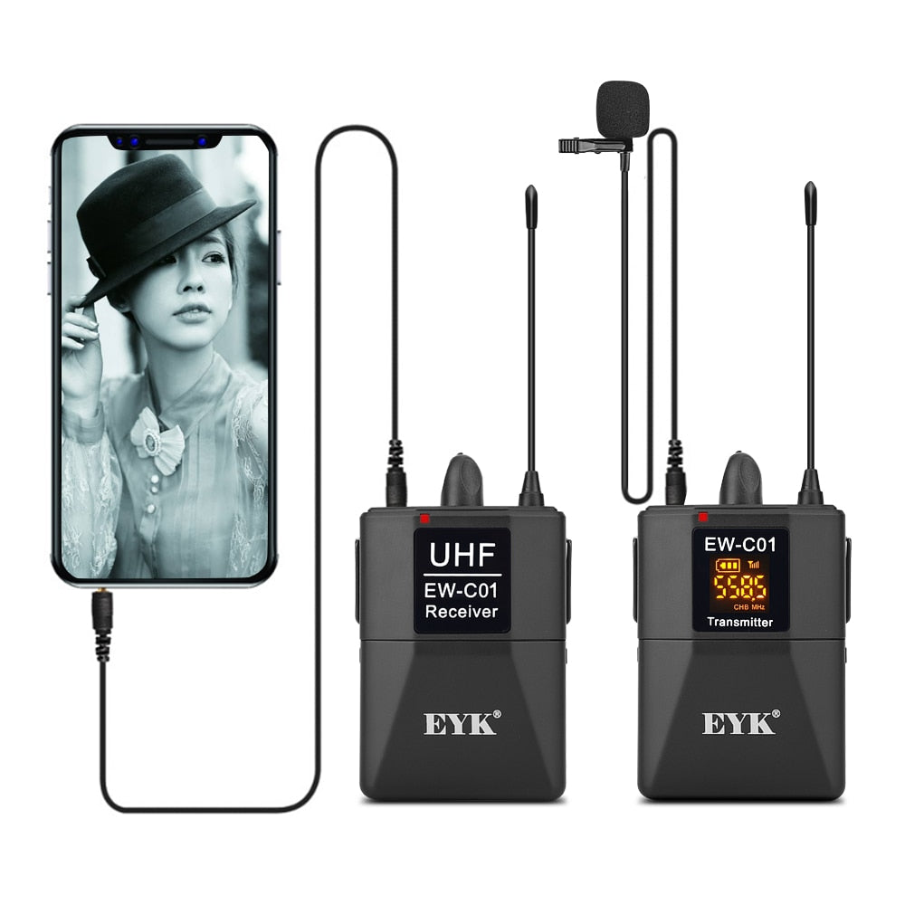 EYK EW-C01 Sistema de micrófono Lavalier inalámbrico UHF de 30 canales con micrófono de solapa de estilo portátil entrevista para videocámara SLR