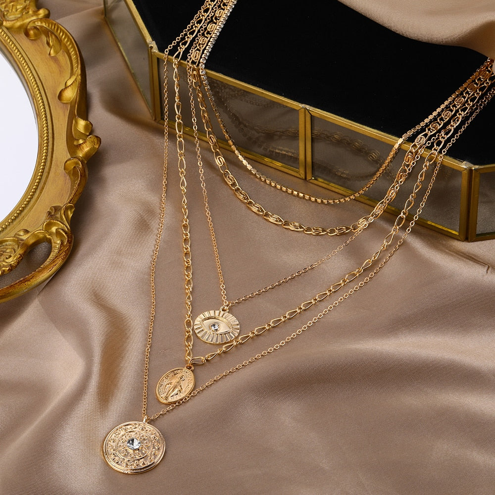 IPARAM Bohemian Jesus Pendant Crystal Chain Necklace Women&#39;s Retro Multilayer Coin Geometric Chain Choker Necklace Jewelry Gift