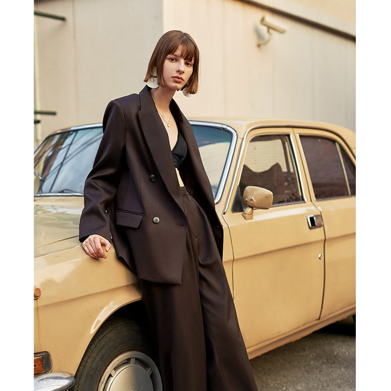 AEL Vintage otoño mujer pantalón traje marrón oscuro chaqueta suelta pantalones de pierna ancha conjuntos de oficina (los pantalones y la chaqueta se venden por separado)